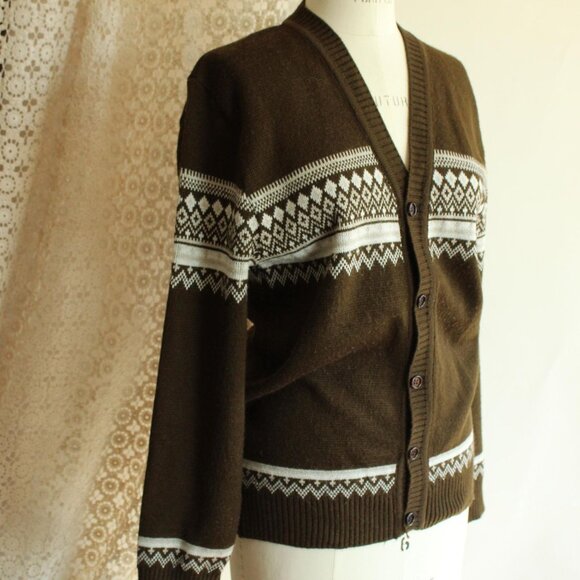 Vintage 1950s 1960s Cardigan, Jaguar Mexican Brown and White Sweater, Size 40 - Picture 5 of 10